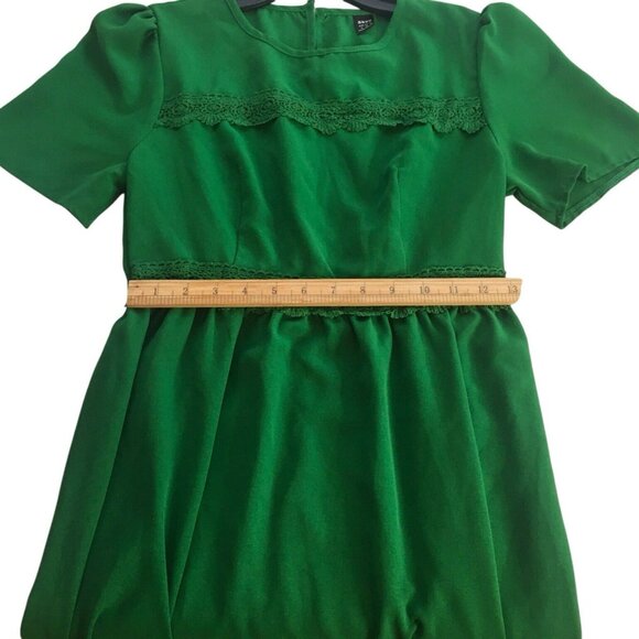 Women's Puff Sleeve Midi Dress Green Lace Insert Ruffle Hem Sz Medium 6 - Picture 11 of 16